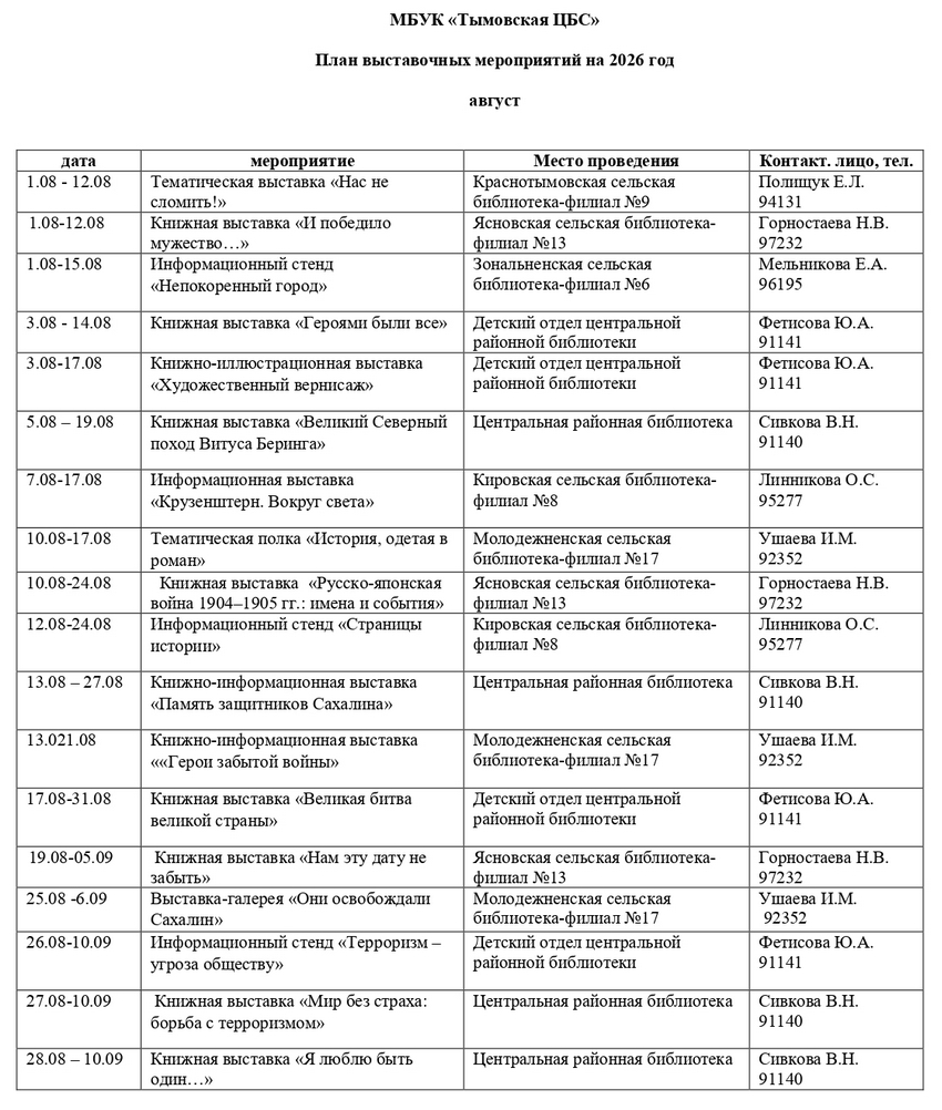 План выставочных и культурно-массовых мероприятий на август 2026 год