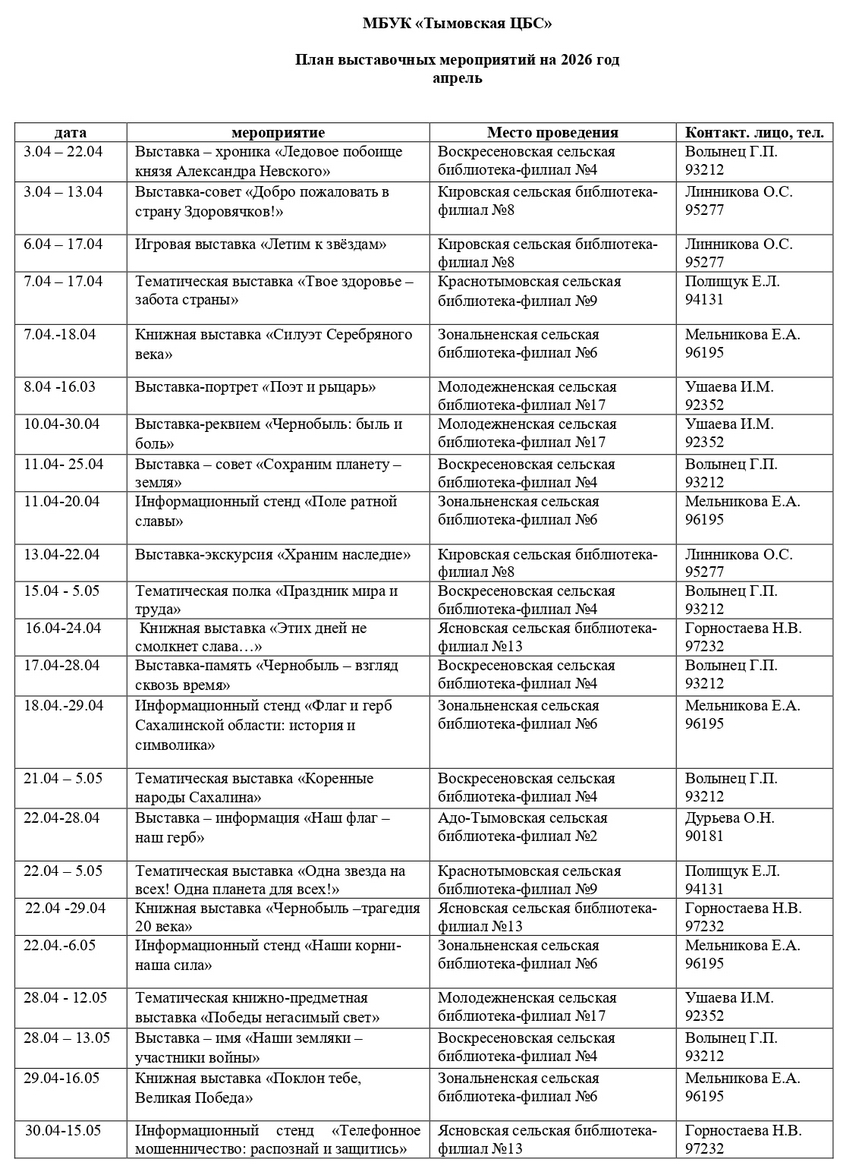 План выставочных и культурно-массовых мероприятий на апрель 2026 год