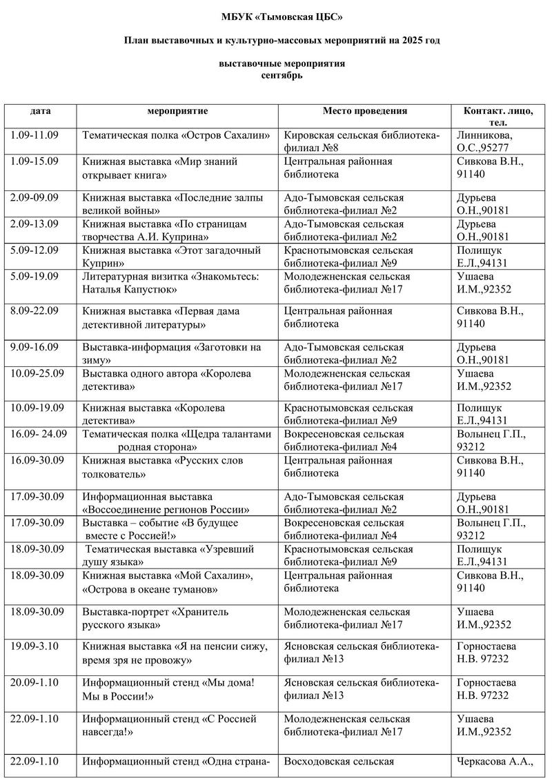 План выставочных и культурно-массовых мероприятий на сентябрь 2025 год